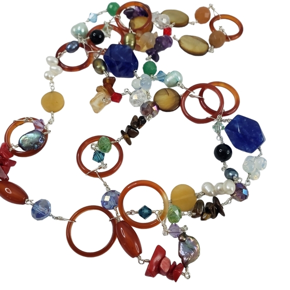 Long station necklace pearls carnelian lapis semi precious stones - Picture 6 of 8